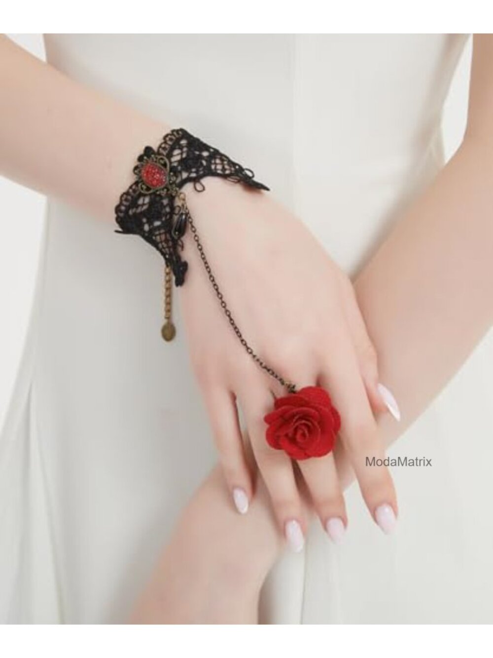 Gothic Lace Bracelet with Ring Red Rose Crystal Tassel Lolita Hand Chain
